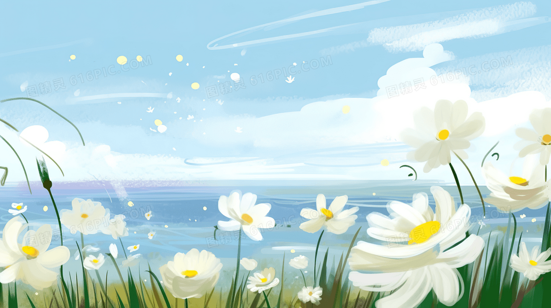 夏日唯美白色花海风景插画