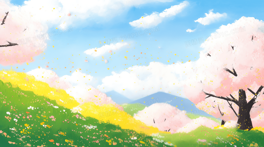 唯美清新春天漫山遍野的桃花林创意插画