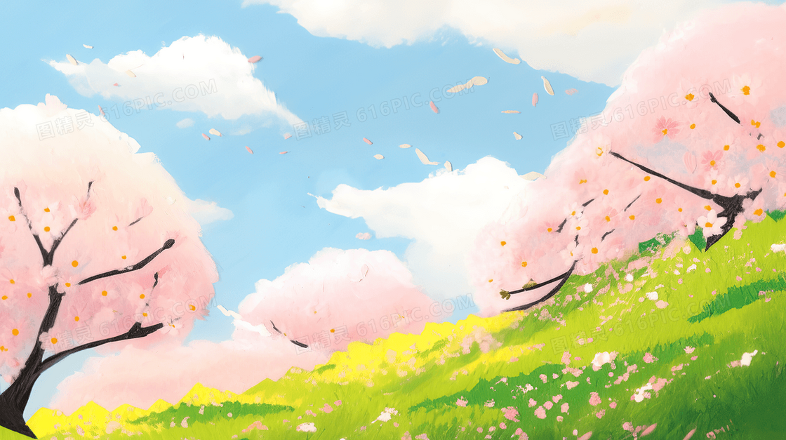 唯美清新春天漫山遍野的桃花林创意插画