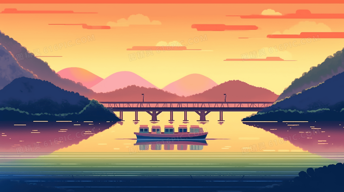 彩色唯美阳光下的跨海大桥风景插画