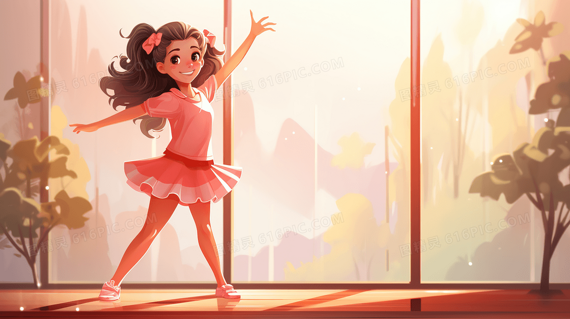 可爱的小女孩练习跳舞创意插画