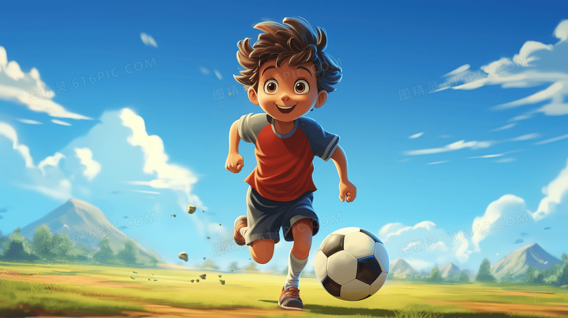可爱卡通男孩开心的踢足球创意插画