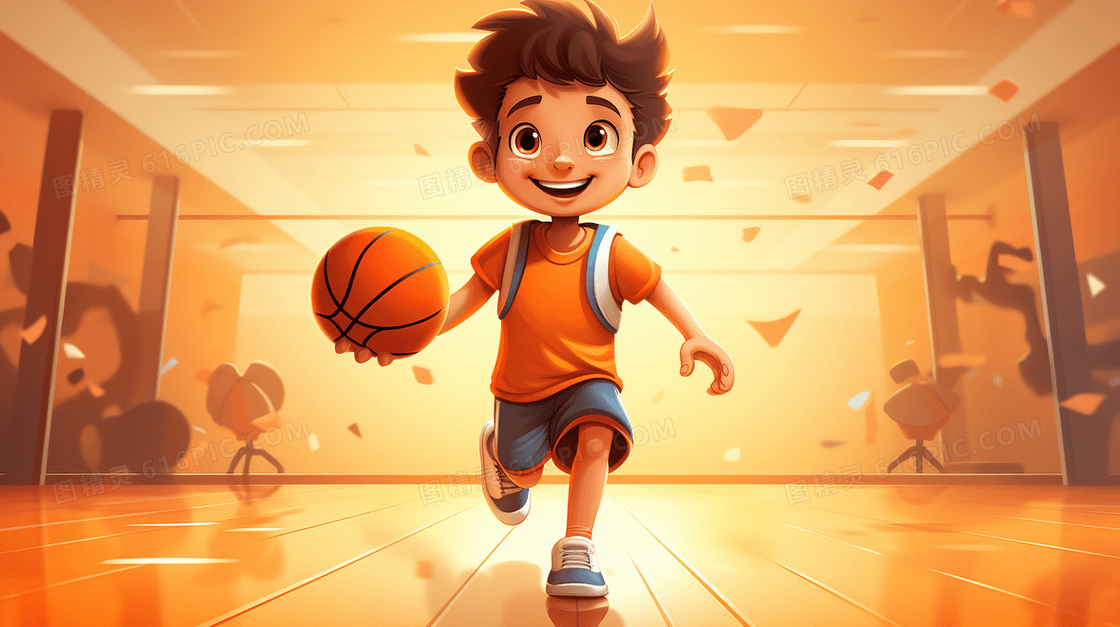 可爱卡通男孩开心的打篮球创意插画