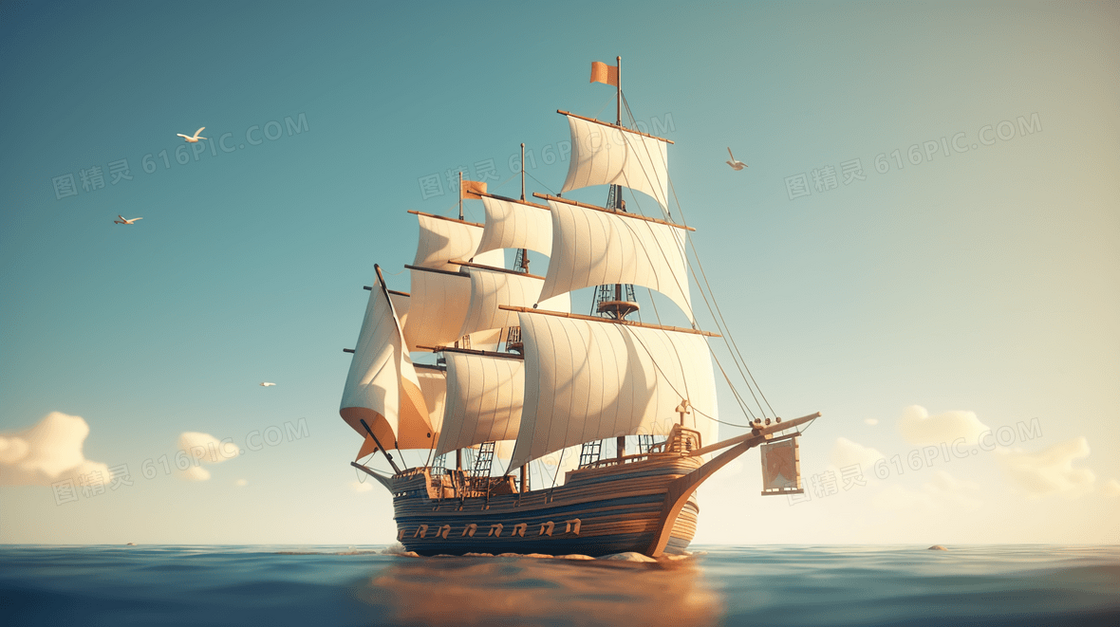 中国航海日行驶在大海上的白色帆船插画