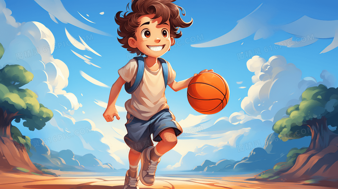 可爱卡通男孩开心的打篮球创意插画