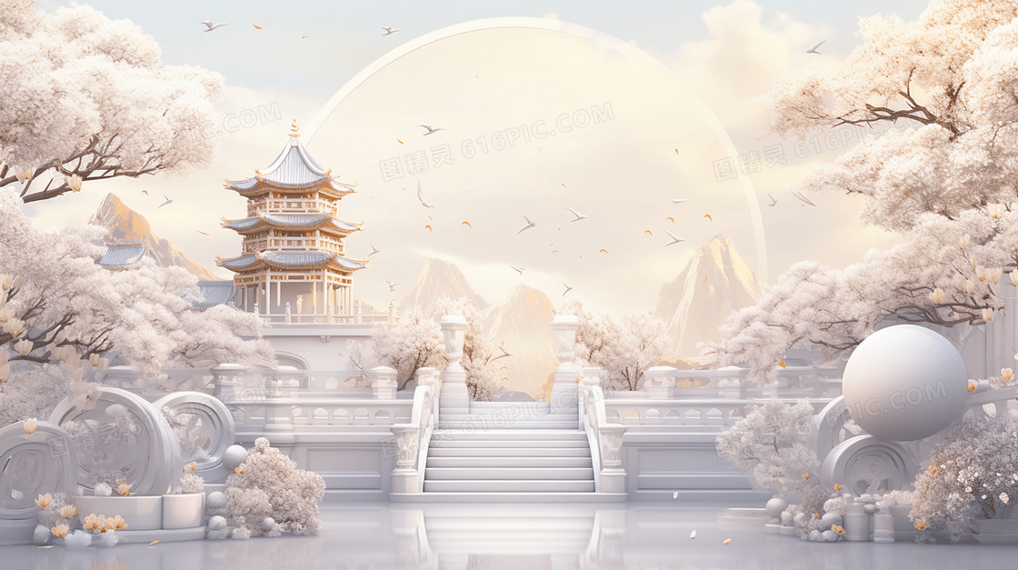 国潮风唯美意境花瓣风景插画