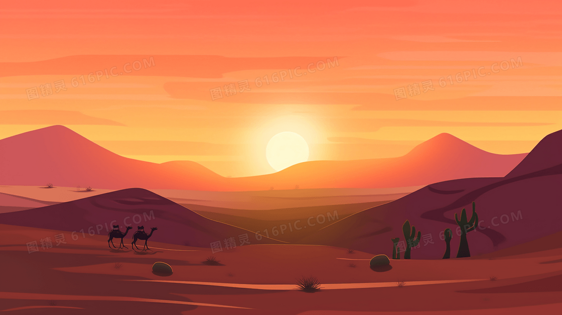 烈日下走在沙漠中的骆驼风景插画