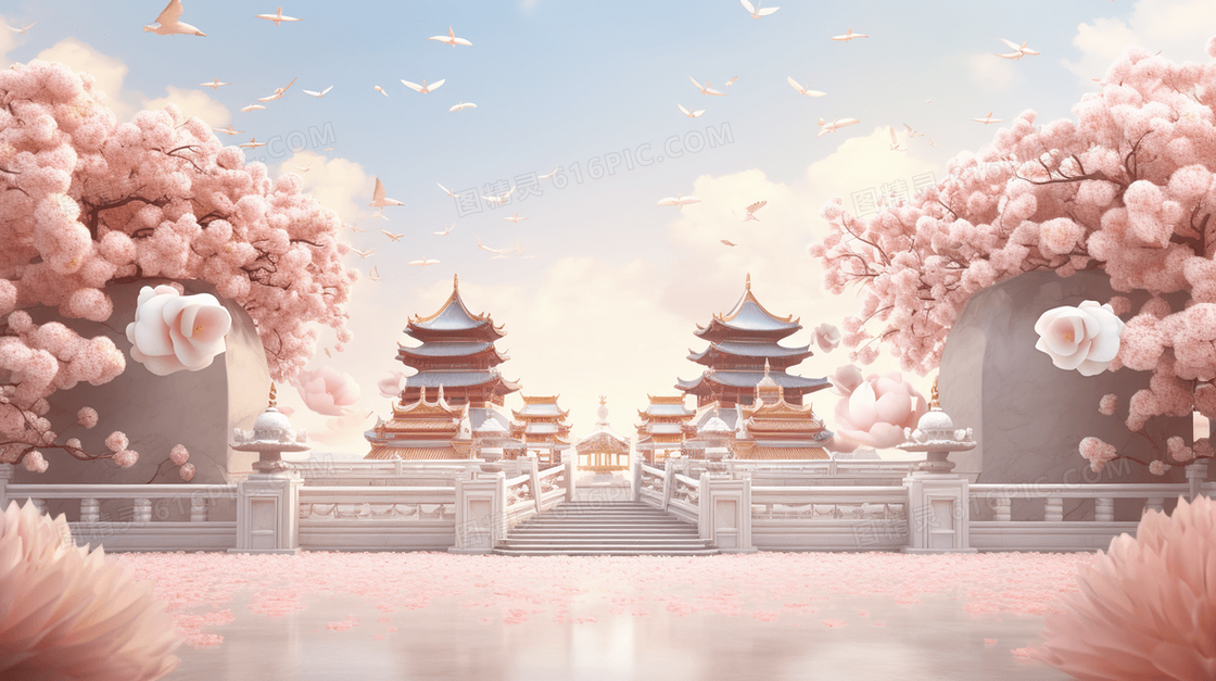国潮风唯美意境花瓣风景插画