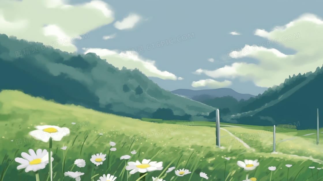 唯美漫山遍野的白色花瓣风景插画