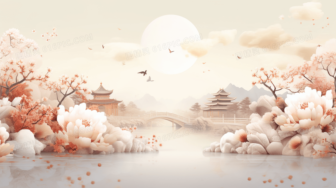 国潮风唯美意境花瓣风景插画
