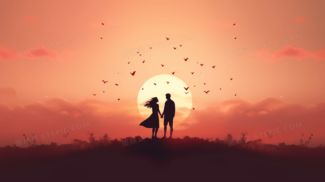 唯美夕阳下的情侣情人节图片