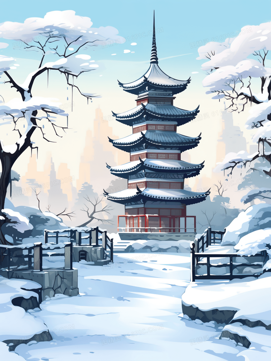 唯美中国风亭台楼阁大雪节气风景图片