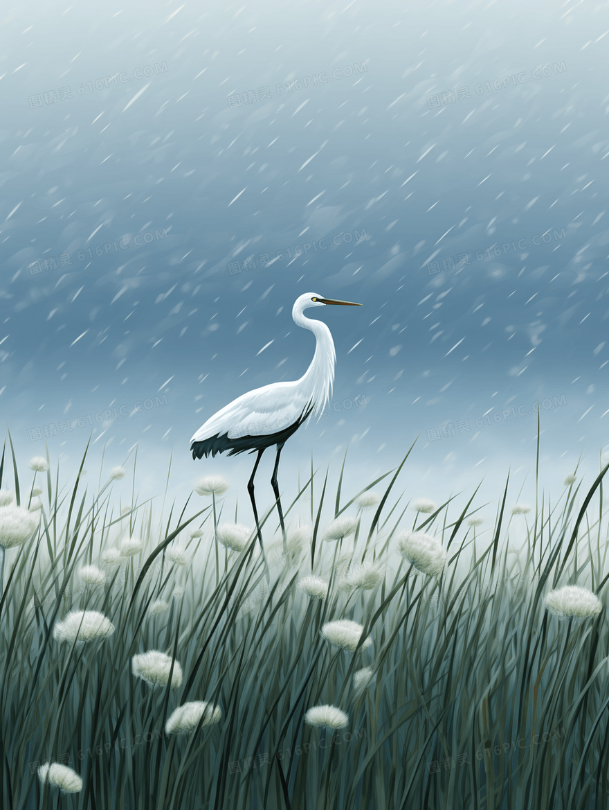 雨中白鹭鸟白露节气插画