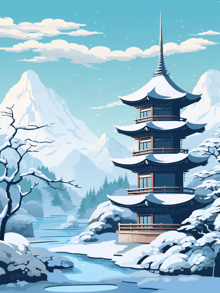 唯美中国风亭台楼阁大雪节气风景图片