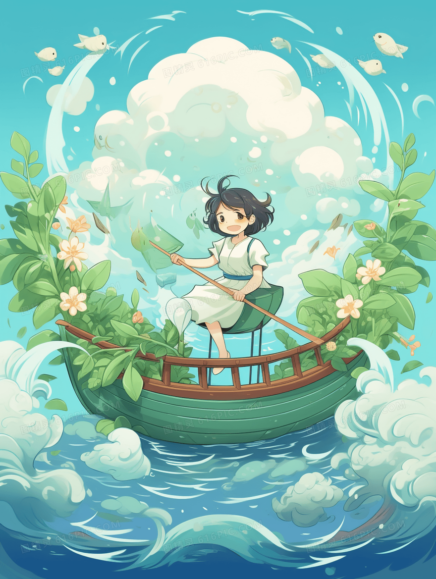 唯美雨中划船的少年谷雨节气卡通插画