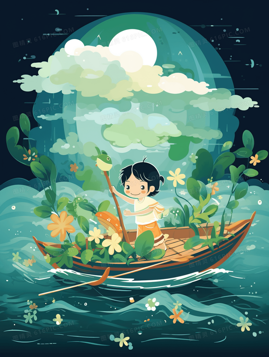 唯美雨中划船的少年谷雨节气卡通插画