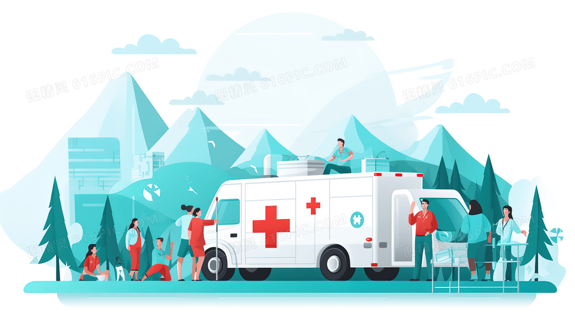 户外医疗救助救护车插画