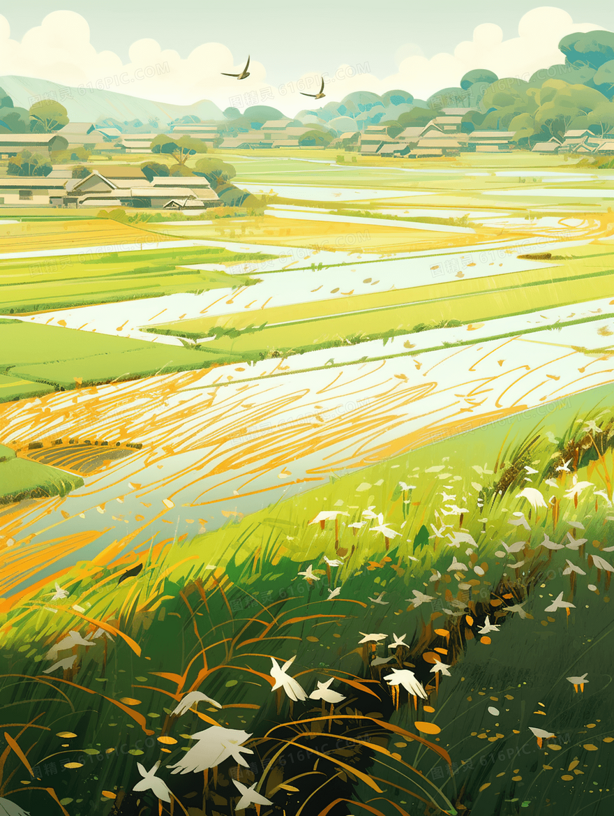 绿色乡间农作物春分节气插画