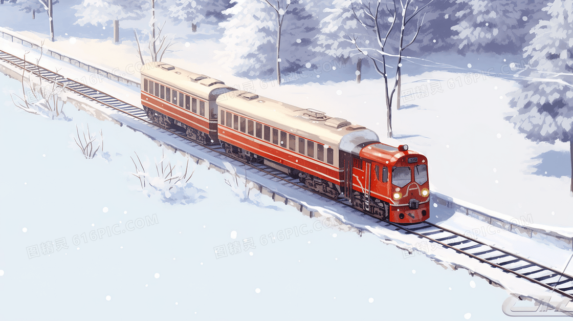 行驶在大雪中的红色火车插画