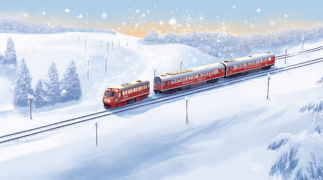 行驶在大雪中的红色火车插画