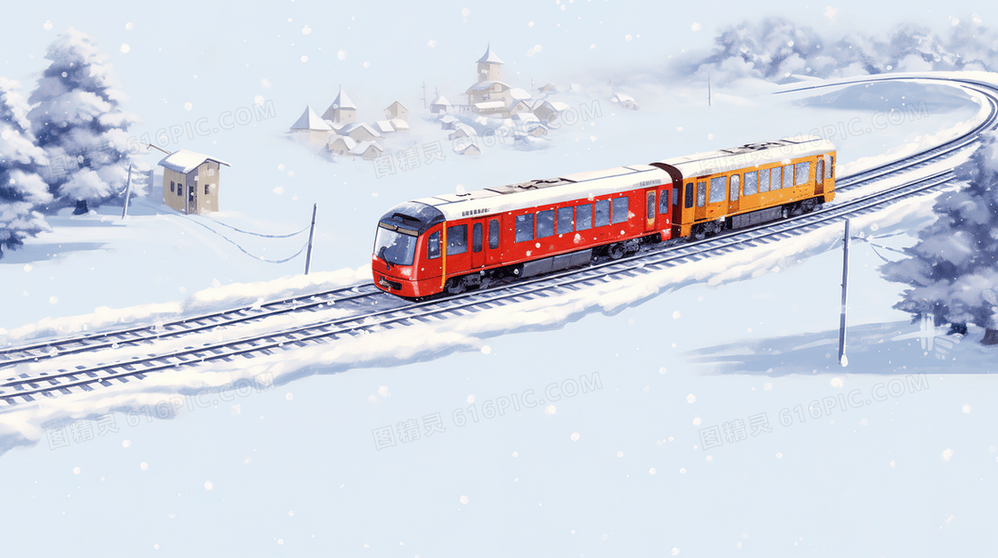 行驶在大雪中的红色火车插画