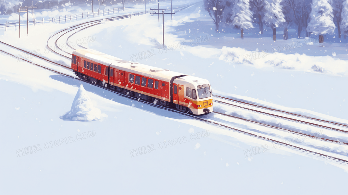 行驶在大雪中的红色火车插画