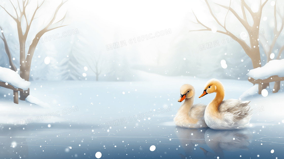 雪上唯美小黄鸭伴侣插画