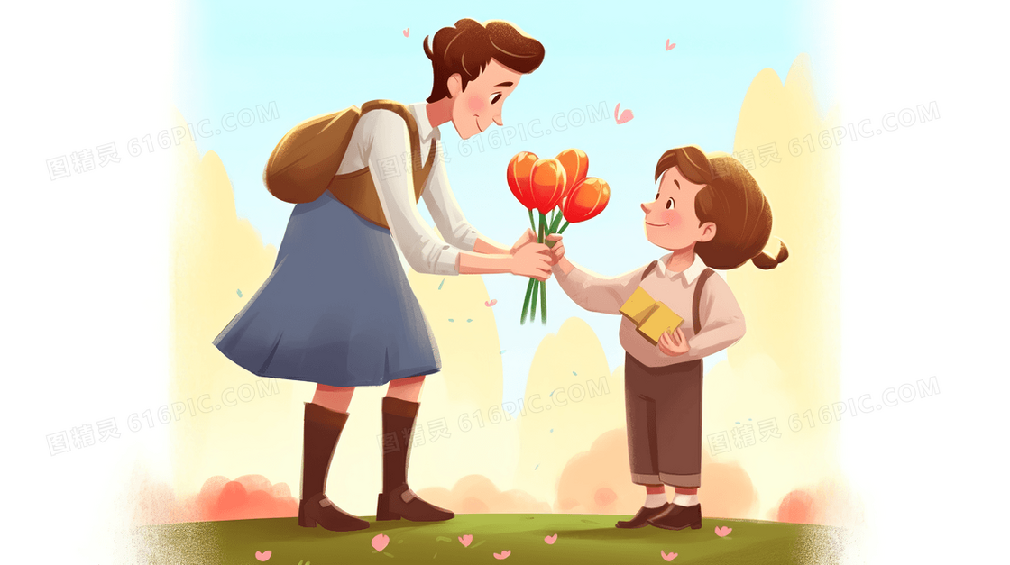 送鲜花给老师的少年教师节插画