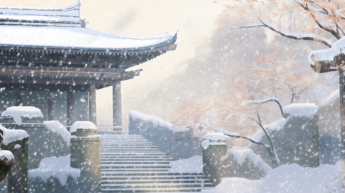 中国风唯美古建筑大雪节气插画