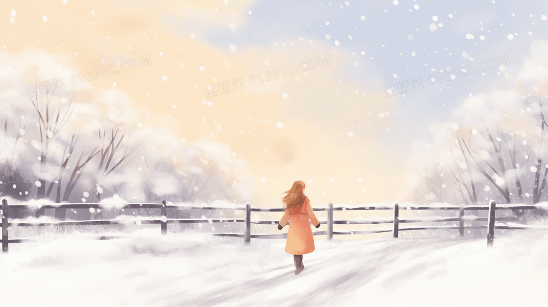 行走在雪中的女人风景插画