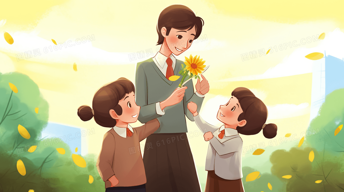 送鲜花给老师的少年教师节插画