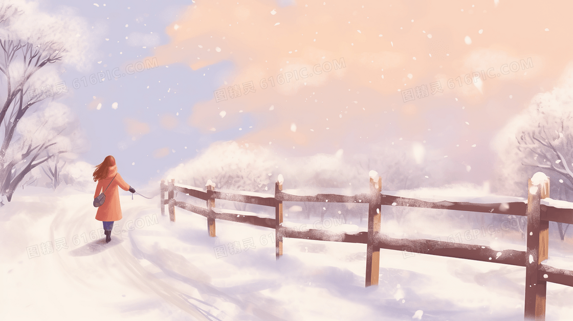 行走在雪中的女人风景插画