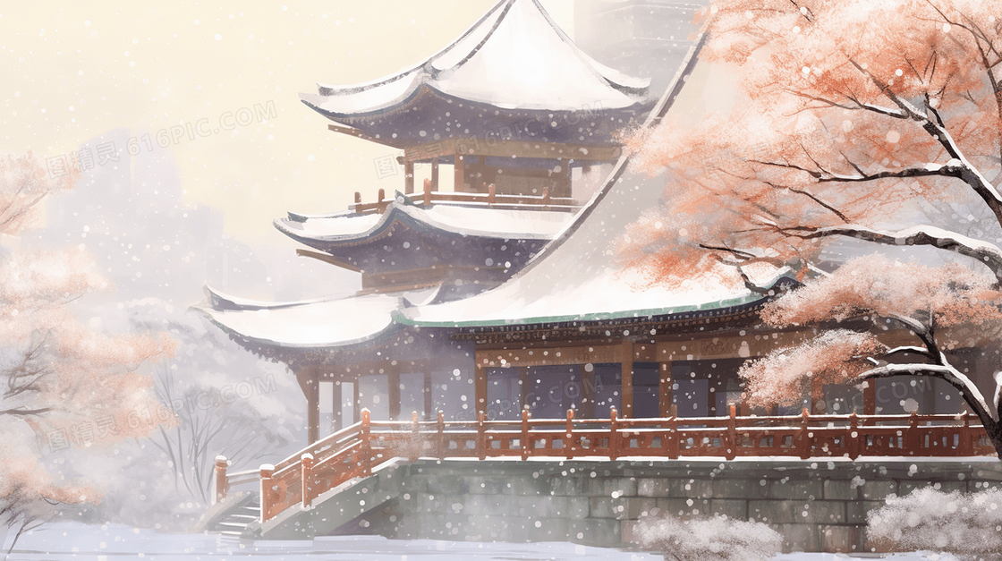 中国风唯美古建筑大雪节气插画