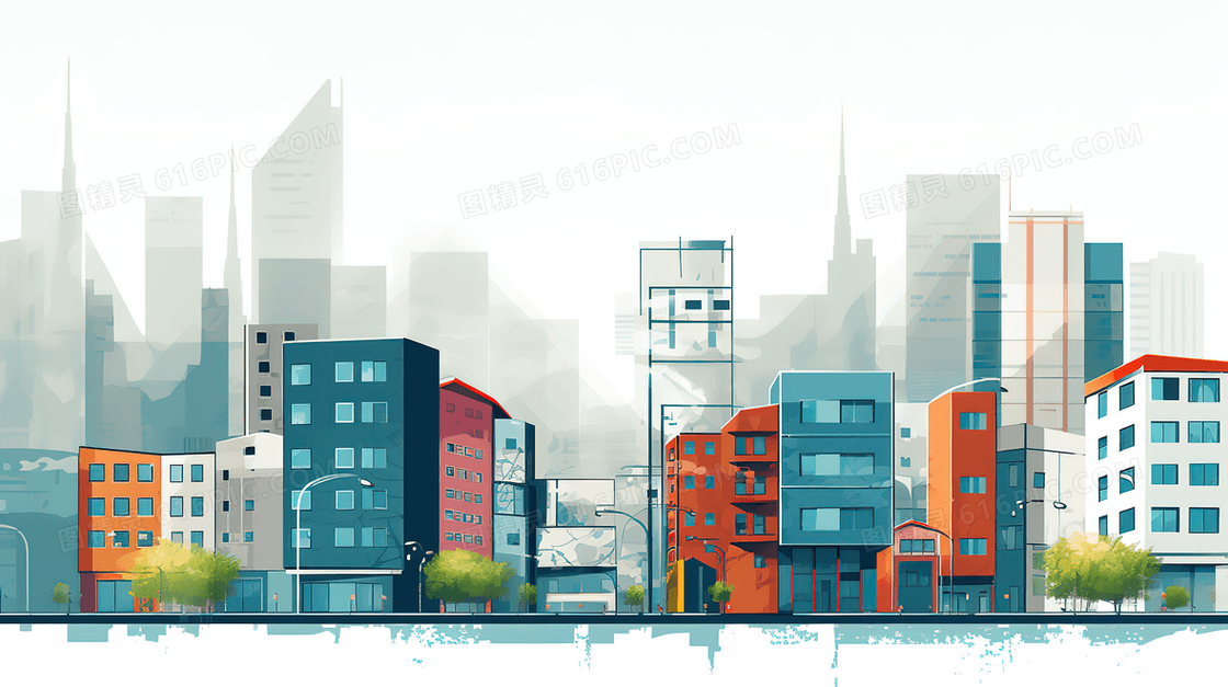 彩色扁平化城市建筑插画