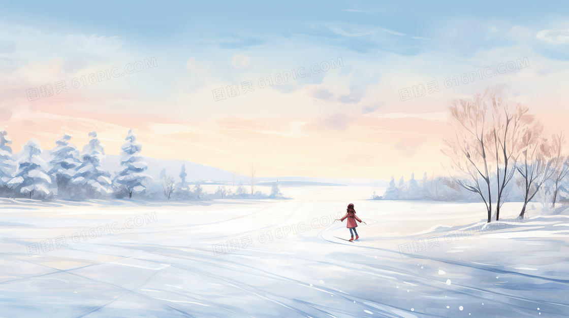 行走在雪中的女人风景插画