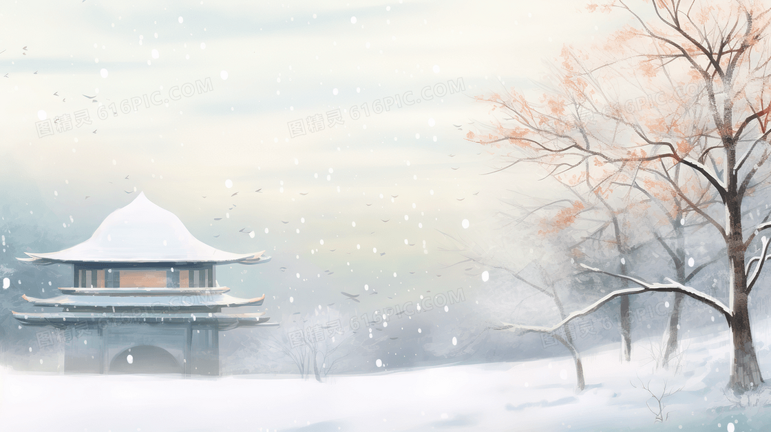 中国风唯美古建筑大雪节气插画