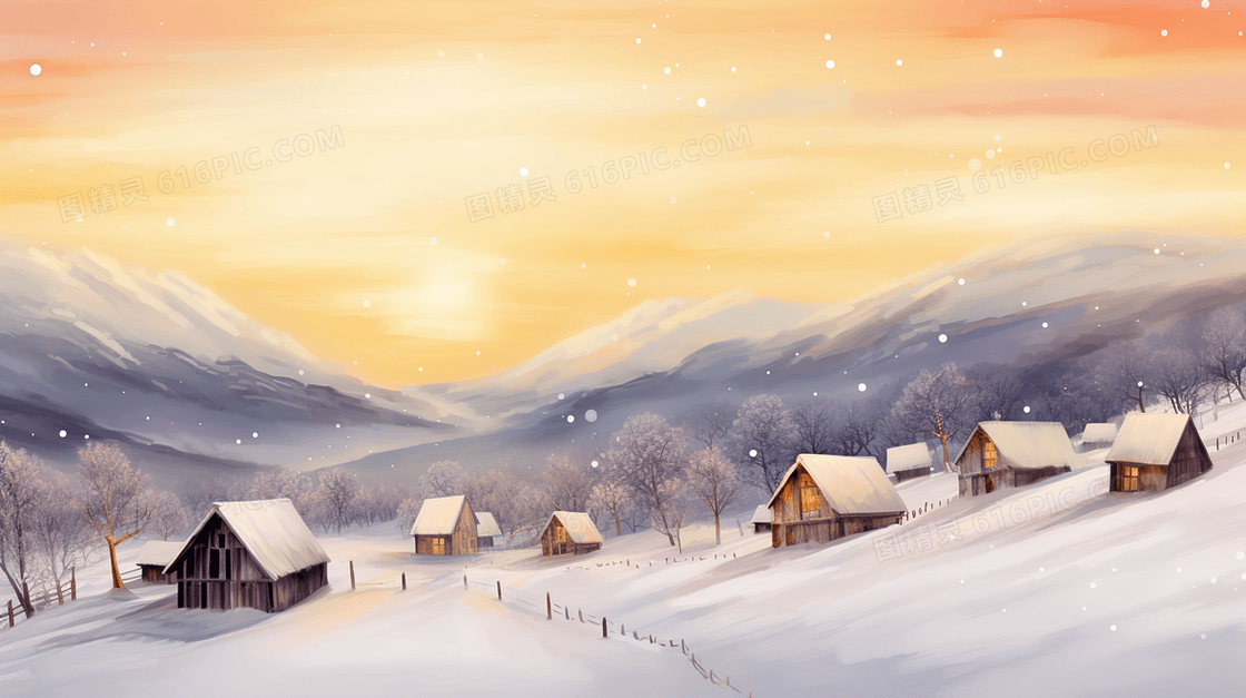 唯美雪中房屋风景插画