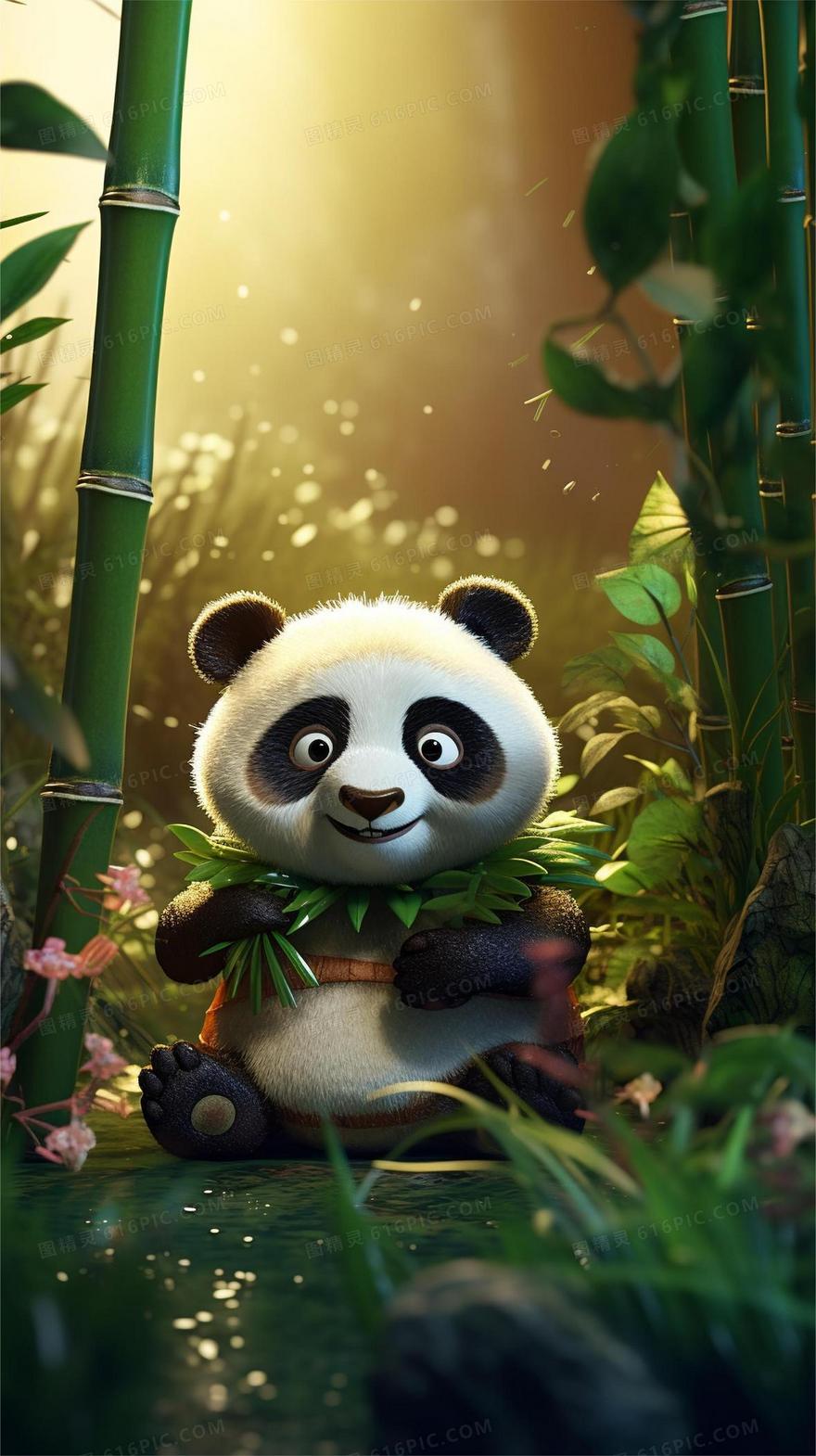 清新竹林里一只可爱的熊猫在吃竹子 