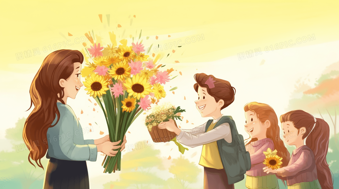 给老师送花的少年庆祝教师节节日插画
