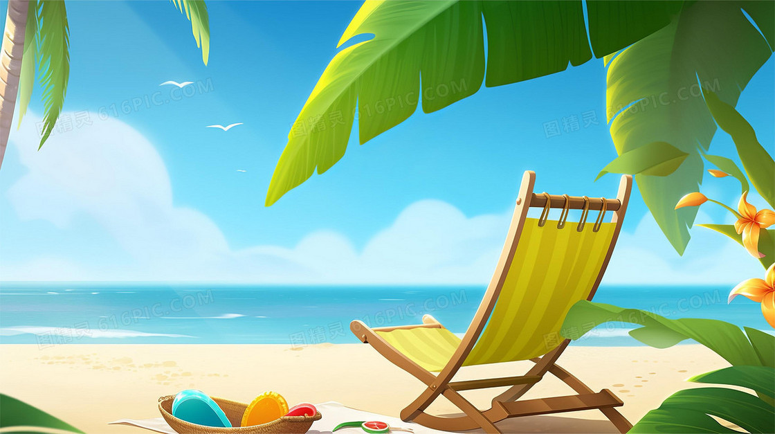 卡通清新夏日海边沙滩的躺椅