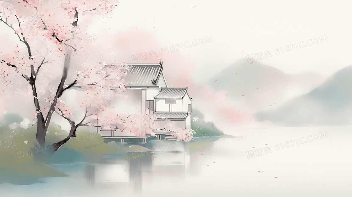 自然山水建筑风景中国风插画