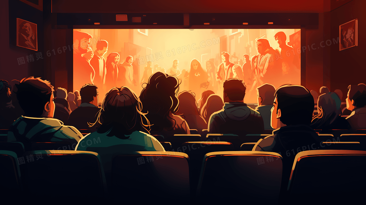 电影院坐满了看电影的观众场景特写插画