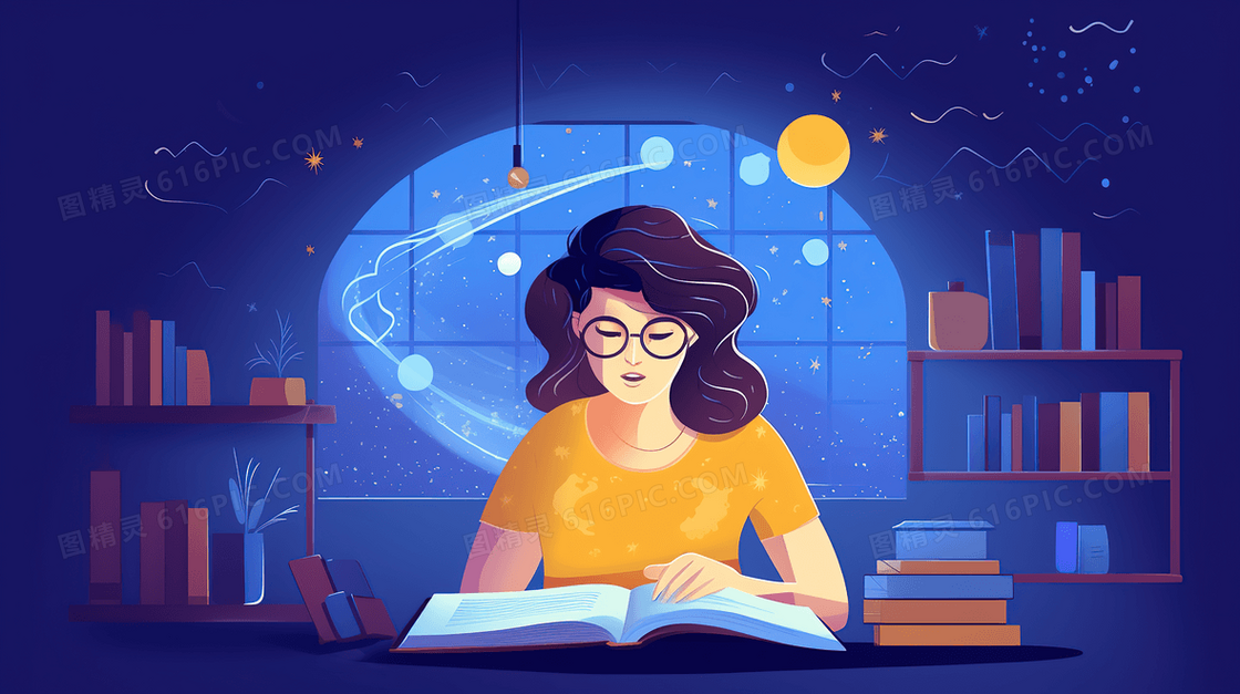 深夜读书学习的孩子插画