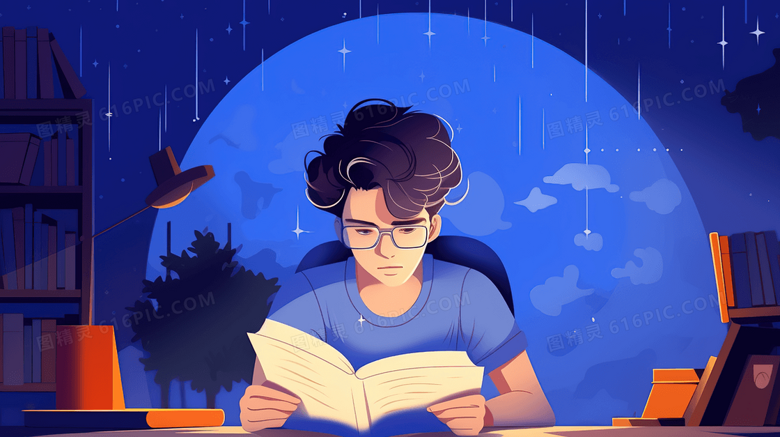 深夜读书学习的孩子插画