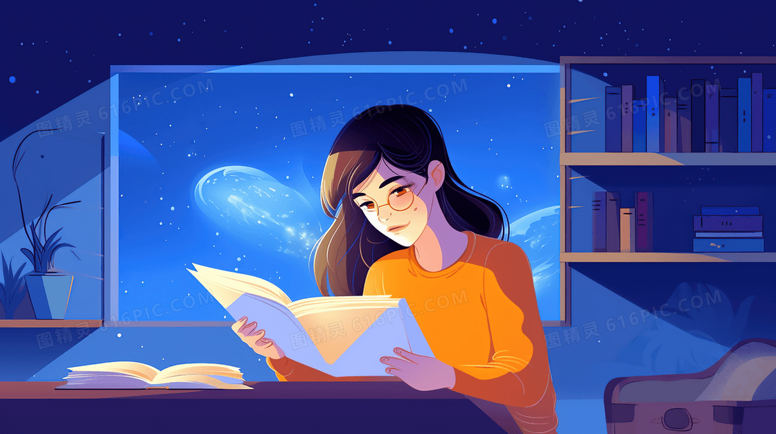 深夜读书学习的孩子插画