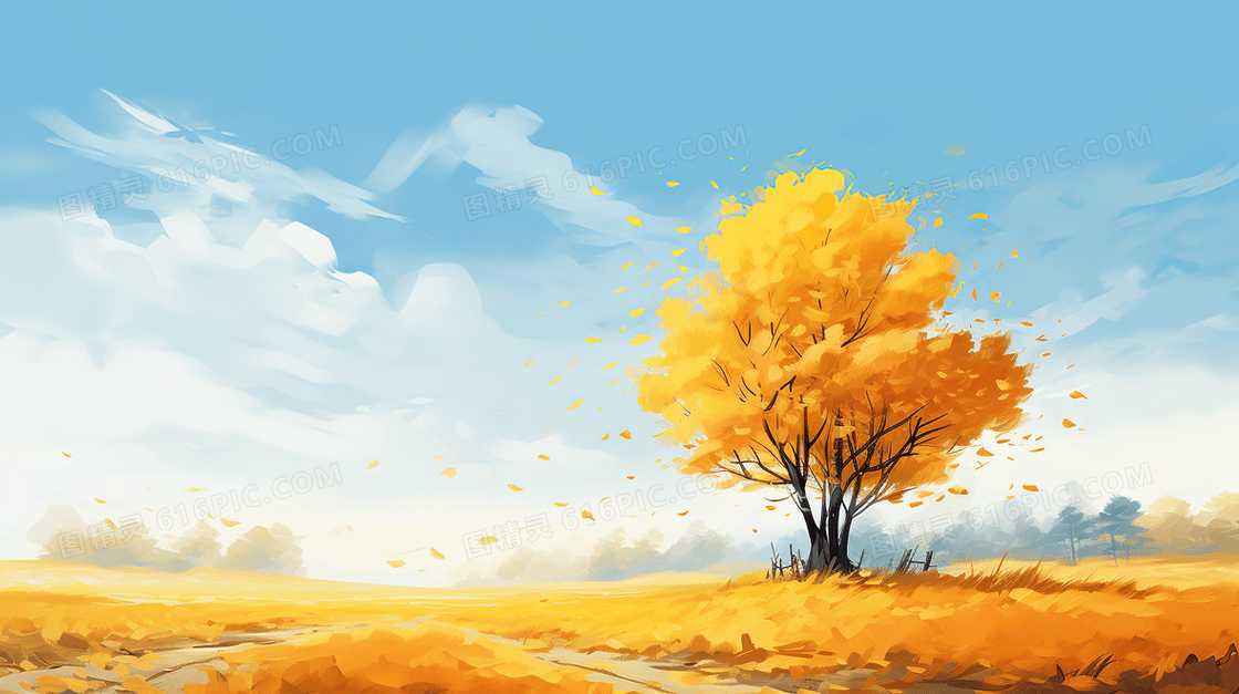 秋天唯美风景氛围感插画
