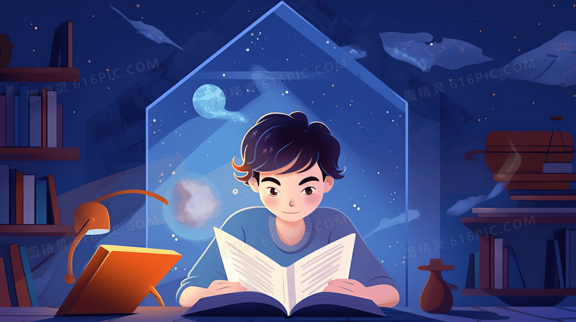 深夜读书学习的孩子插画