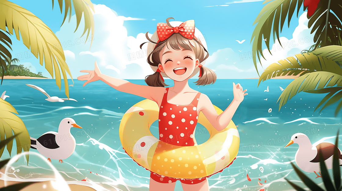 卡通可爱少女穿着泳装在海边度假创意插画