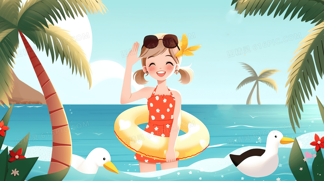 卡通可爱少女穿着泳装在海边度假创意插画