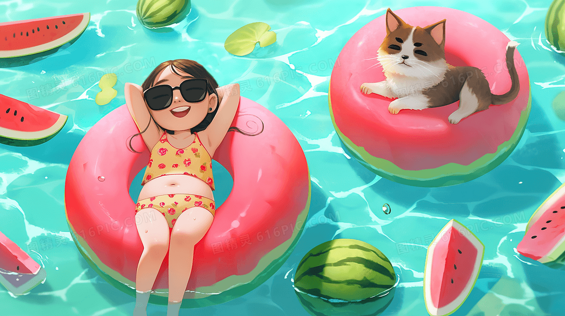 可爱卡通女孩和猫咪躺在游泳池上晒太阳创意插画